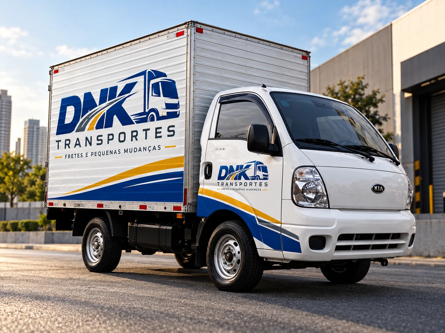 Caminhão baú da DNK Transportes com a logomarca aplicada